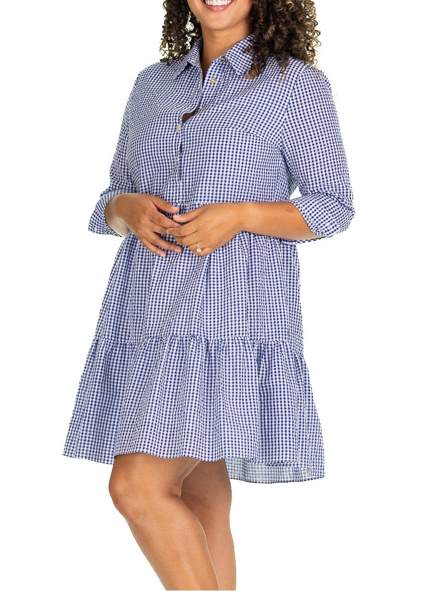 Duffield Lane Murphy Dress Navy Gingham Tiered Size Xs